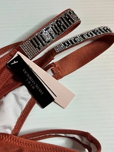 NWT Victoria's Secret Rhinestone Logo Brown Rust Bronze Thong Bikini Bottom M - Picture 1 of 7