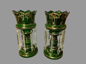 Pair of Antique Victorian Emerald Green Art Glass Mantle Lusters w Prisms - Picture 1 of 11