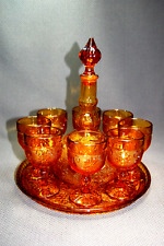Vintage 10PC Tiara Sandwich Amber Glass Decanter Tray and Wine Glasses