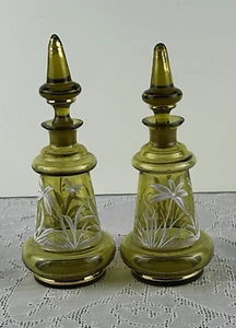 MARY GREGORY OIL & VINEGAR BOTTLES PAIR OLIVE GREEN & GOLD WHITE ENAMEL ANTIQUE - Picture 1 of 12
