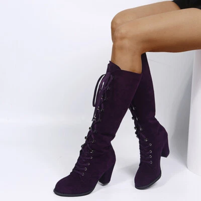 Womens Knee High Riding Western Boots Chunky Block Heels Round Toe Lace Up Shoes - Image 1 of 4
