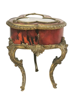 Superbe Boite à Bijoux tripode , Bronze et bois vitrine Meuble miniature XIXème - Photo 1/4