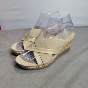 Wear Ever Stretchy Comfort Slip On Boho Heels Beige Cork Wedge Sandals Size 6 - Picture 1 of 7