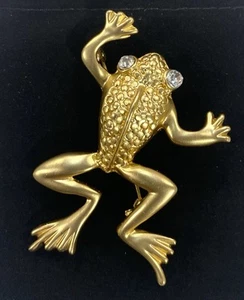 Large Gold Tone Frog Brooch Lapel Pin White Crystal Eyes Animal Jewelry - Picture 1 of 2