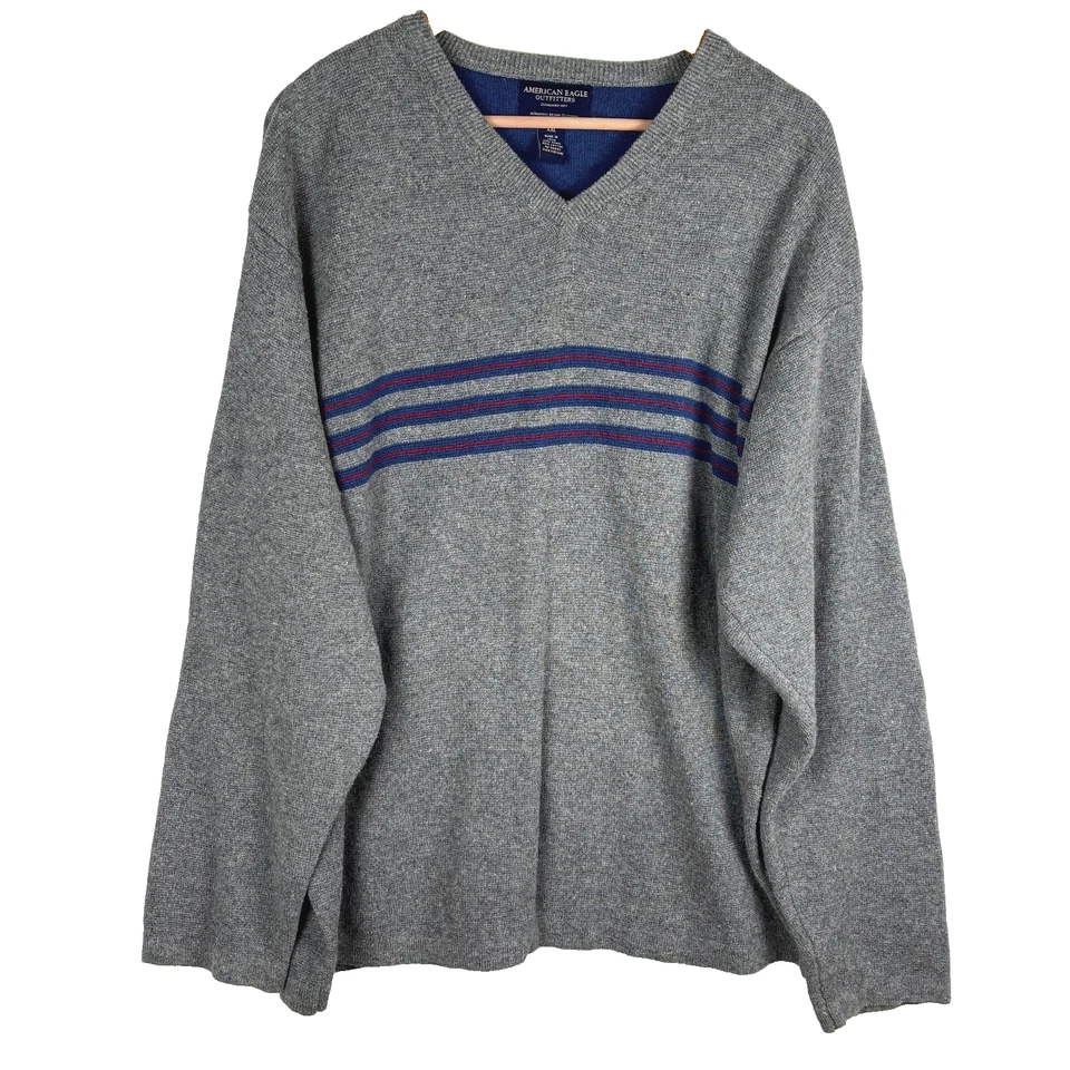 NWOT American Eagle Mens Ramie Pullover Sweater XXL Grey V-neck Classic Preppy - Image 1 of 4