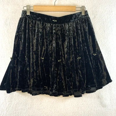 Cosmic Aura Womens Velvet Mini Skirt Sz L Black Whimsigoth Rosette Dark Coquette - Image 1 of 4