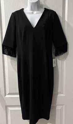 Vestido Vaina Calvin Klein NUEVO W Tag Negro Para Mujer Cuello en V Mangas Flecos Talla 12 Foto 1 de 4