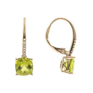 14K Yellow Gold Natural Cushion Cut Peridot and Diamonds Dangle Drop Earrings - Picture 1 of 4