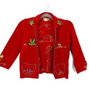 Embroidered Red Wool Jacket Vintage Made in Mexico Agave Horseshoe Sanchez