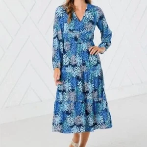 Sail To Sable Women's S Long Sleeve Blue Coral Print Midi Dress Coastal Resort - Picture 1 of 12