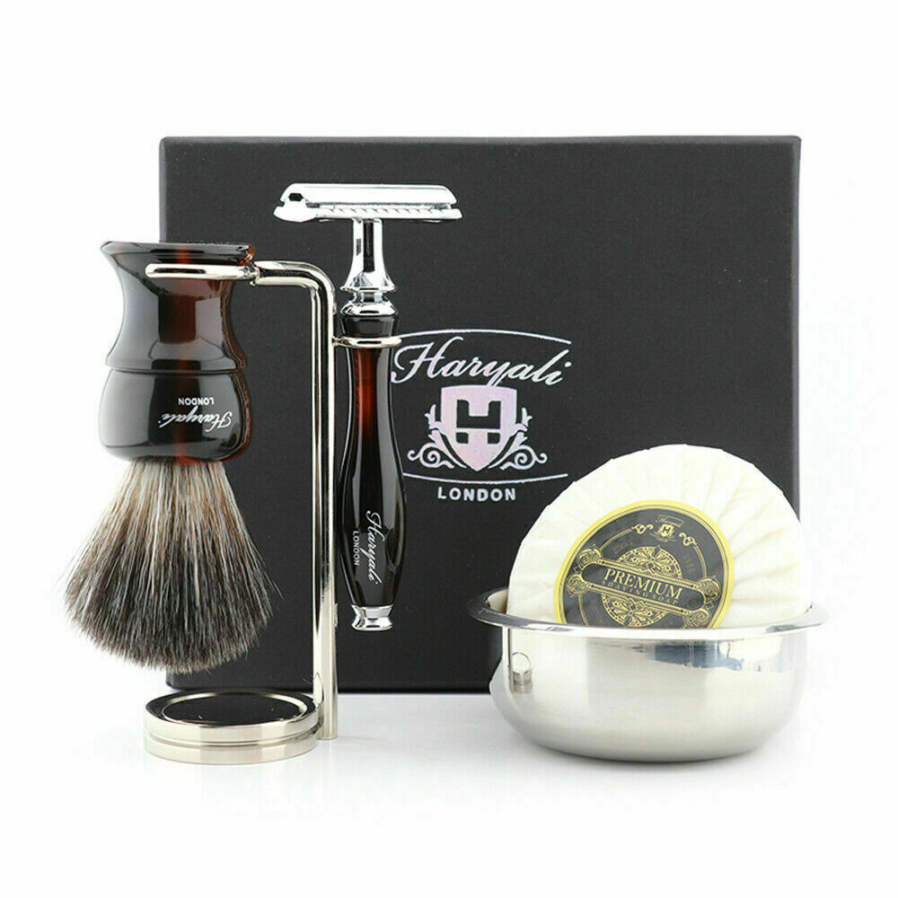 Men`s 5 Pcs Shaving Set DE Safety Razor with Synthetic Black Brush and Stand