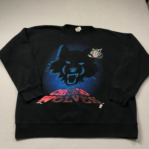 VINTAGE Chicago Wolves Sweatshirt Mens XL Black Nutmeg IHL Hockey 90s Logo RARE Cover