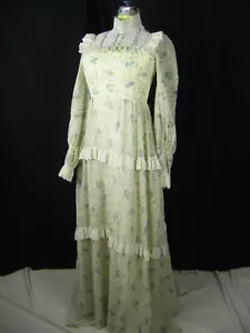 Vtg 60s Ivory Blue Floral Prairie Victorian Ruffle Lace Dress-Bust 31/3XS-2XS - Picture 1 of 12