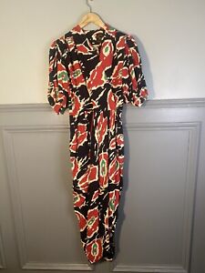 Vintage 1980s Droopy & Browns red Abstract dress side pockets belt Uk10 JW001