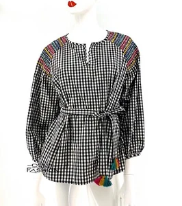 Túnica campesina a cuadros Madewell bordada borla borla talla pequeña S pequeña - Imagen 1 de 7