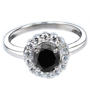 925 Sterling Silber 1,37Kt Runden Form Natürlich Schwarz Diamant Solitär Ring - Bild 1 von 6