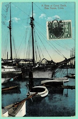 1¢ PAN PACIFIC perf 10 PPC (Canal Dock) #401 May 25, 1915 NEW HAVEN to PORTUGAL - Image 1 of 2