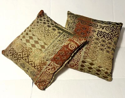 Sis Covers Throw Pillows Tapestry Gold Burgundy Brown Patchwork 16X16 Lot Of 2 - Image 1 of 4