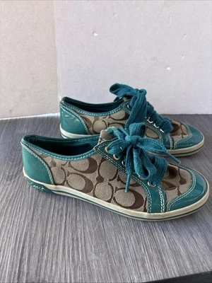 Coach Signature Brodi Khaki Teal Patent Leather Jacquard Women Sneakers 5B - Image 1 of 4