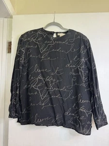 Doncaster Blouse Size 18 100% Silk Shirt Top Cursive Script Black Vintage VTG - Picture 1 of 4