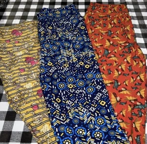 Lularoe OS leggings 3 pack lot#506 Fairies Floral Striped Mustard Blue Orange - Picture 1 of 5