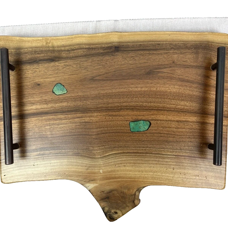 Bread Cheese Board Tray Walnut Wood Criscola Stones Metal Handles Handmade Party - Image 1 of 4