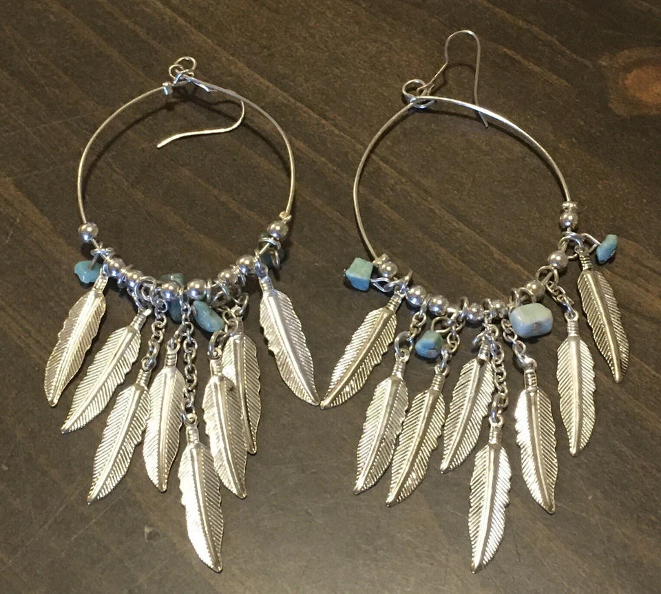 Blazin Roxx Feather Spiked and Jade Earrings Silver Hoop Style Earrings - Image 1 of 1