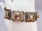 Filigree Fragonard Style Brass Colored Linked Faux Pearl Vintage Bracelet
