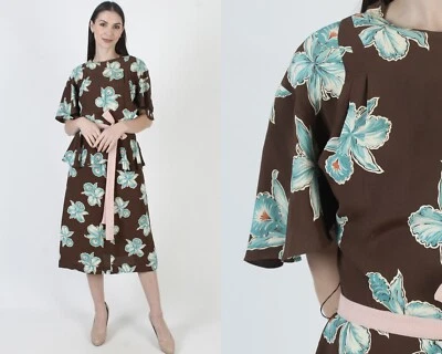 Vintage 40s Deco Dress Metal Side Zipper Peplum Full Skirt Hawaiian Tiki MCM - Image 1 of 4