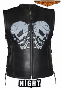 Men's Motorcycle Leather Vest w/ Reflective Evil Skulls Design & Zipper Closure - Picture 1 of 8