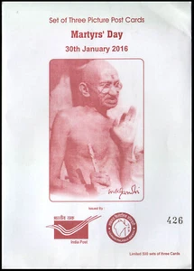 INDIEN 2016 MÄRTYRERTAG / GANDHI 3ER SET BILD POSTKARTEN MIT SONDERKREBS. - Bild 1 von 5