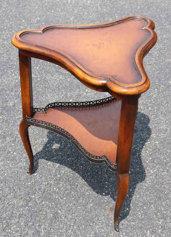 Embossed Leather Top Mahogany Triangular Regency Style End Table Plant Stand Cover