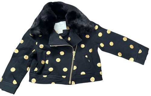 Giacca Moto Kate Spade Zip 12 Mesi Oro Pois Nero Collo Pelliccia Ecopelliccia