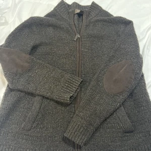 Tasso Elba Lammwolle Strickjacke Pullover Herren Large durchgehender Reißverschluss Stehkragen Ellenbogenaufnäher - Bild 1 von 8