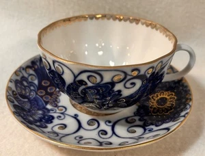 Russische Lomonossow Imperial Kobaltblau Gold Vögel Zar Teetasse & Untertasse - Bild 1 von 11