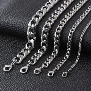 Stainless Steel Silver Chain Cuban Link Curb Womens Mens Bracelet 3/5/7/9/11mm - Picture 1 of 4