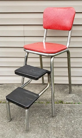 Vintage Retro Red Cosco Chrome Kitchen Step Stool Farm Chair Plant Stand Vinyl Cover