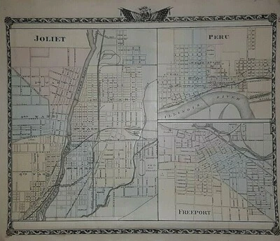 Mapa 1876 JOLIETA, PERÚ Y FREEPORT Twps. ILLINOIS -/- KEWANEE & GENESEO en reverso Foto 1 de 3
