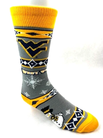 West Virginia Mountaineers Gray Christmas Snowman Holiday Dress Crew Socks Cover