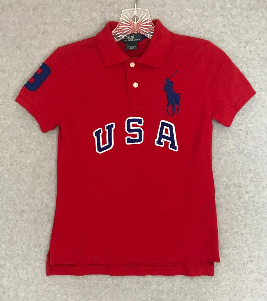 POLO Ralph Lauren USA Big Pony Polo Shirt Youth Boys 7 Red Short Sleeve Stitched - Image 1 of 4