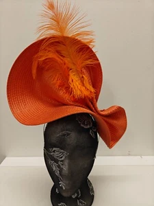 orange large straw fascinator ostrich feather millinery headband wedding hat - Picture 1 of 3