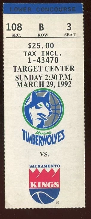 Ticket Basketball Minnesota Timberwolves 1991 - 92 3/29 Sacramento Kings - Image 1 of 1