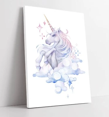 WATERCOLOUR UNICORN & CLOUDS KIDS BEDROOM CANVAS WALL ARTWORK PICTURE PRINT - Image 1 of 2