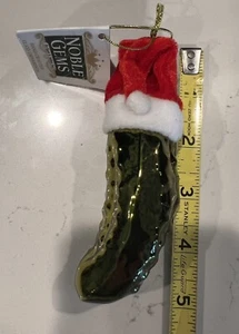 Pickle with Santa Hat Shiny Glass Christmas Ornament 4.25" Noble Gems Kurt Adler - Picture 1 of 5