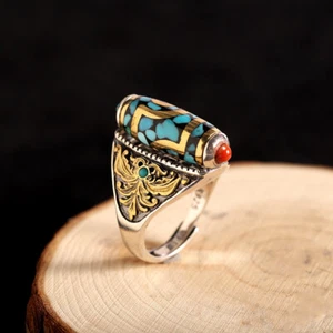 I03 Ring tibetisch Dzi-Perle drehbar Glücksbringer Silber 925 Türkis verstellbar - Bild 1 von 8