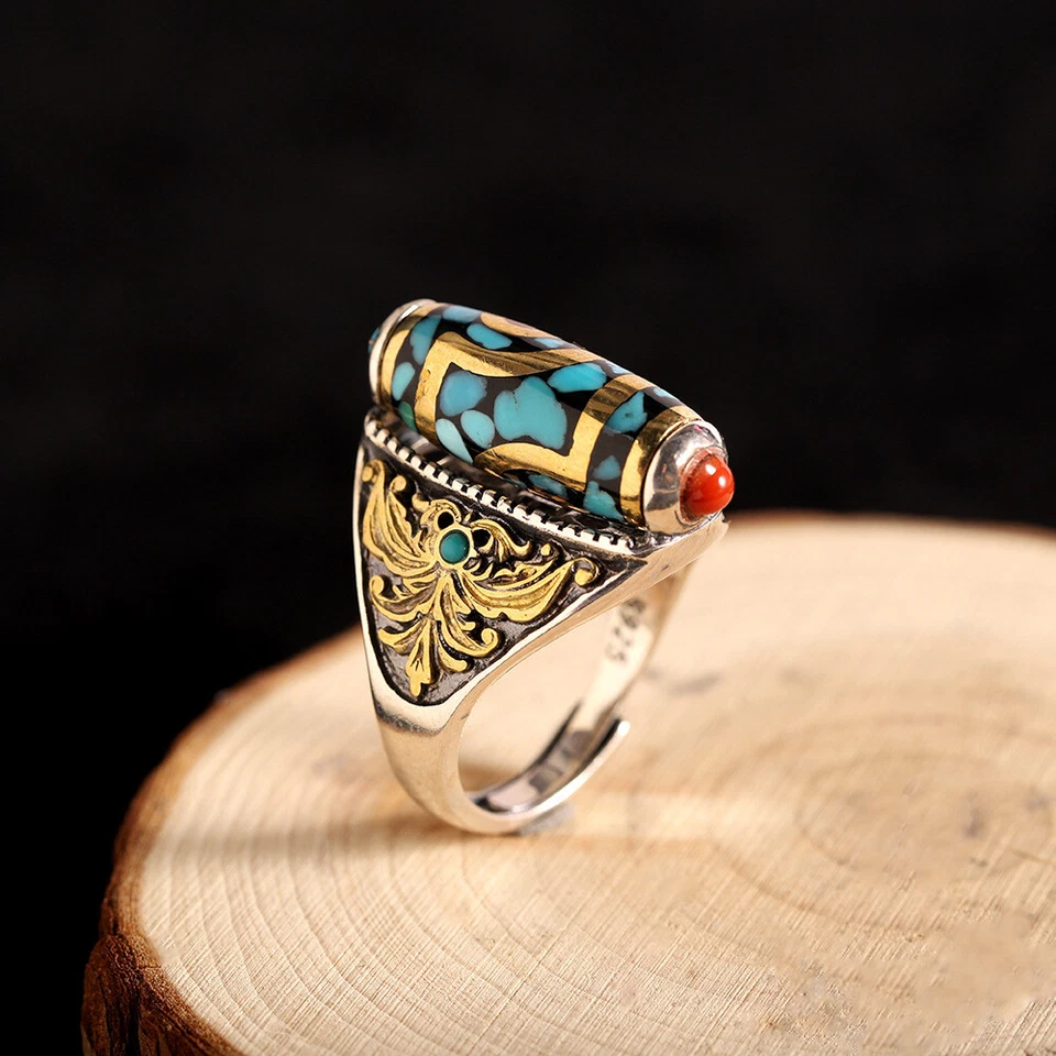 I03 Ring tibetisch Dzi-Perle drehbar Glücksbringer Silber 925 Türkis verstellbar - Bild 1 von 4