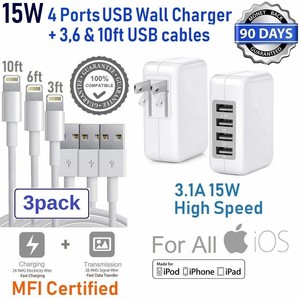 3,6,10ft USB Cable + 12W 15W 4-USB Cube Wall Charger For Apple iPad Pro,Air,Mini