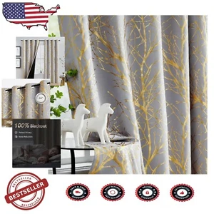 Luxurious Gold and Grey Blackout Curtains - 84" Grommet Top Drapes (2 Panels) - Picture 1 of 11