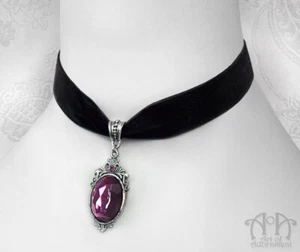 Gothic PURPLE CRYSTAL BLACK VELVET CHOKER Ribbon Necklace Pendant Victorian - Picture 1 of 4