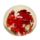 Vintage Blown Art Clear Glass Bubble Center Red Flowers Round Paperweight